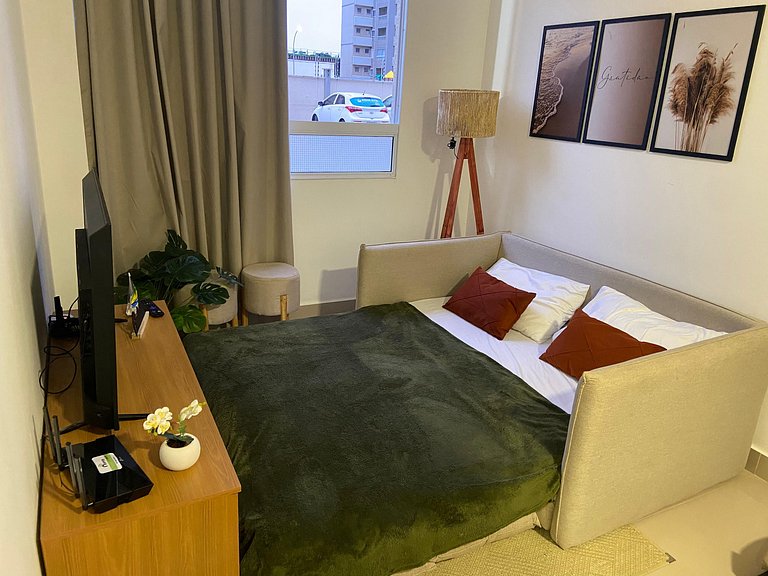 Flat, Ar, Piscina, Academia próximo as Praias,.vista por sol